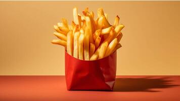 French fries in a paper box on a red background generated with AI photo