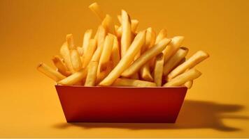 French fries in a paper box on a red background generated with AI photo