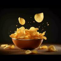 A pile of nachos with chips falling into the air generated with AI photo