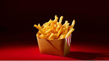French fries in a paper box on a red background generated with AI photo
