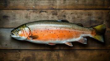 Fresh salmon fish on a wooden cutting board generated with AI photo