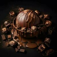 chocolate y frambuesas en un oscuro antecedentes generado con ai foto