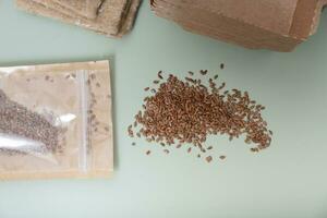 Flax seeds in bags close-up for growth microgreens on green background top view, flat lay photo