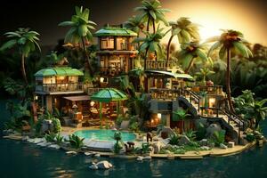 AI generated Luxury modern hotel with palm trees and pools on the coast. Concept of vacation, travel. Generative AI photo