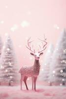 Decorative pink glitter Christmas deer in a fairy forest. AI Generative. photo