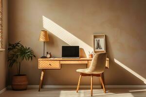 Desk with laptop and chair in a room with potted plants. Beautiful shadow on the wooden wall. Remote work concept. photo