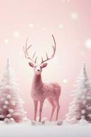 Decorative pink glitter Christmas deer with Christmas trees. AI Generative. photo