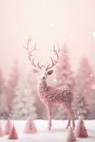 Decorative pink glitter Christmas deer in a fairy forest. AI Generative. photo