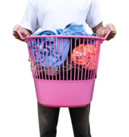 Man hold pink laundry basket with colorful clothes png