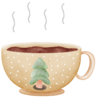 Glass with a Christmas tree pattern with snow falling all around. Inside is hot cocoa. png