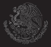 Mexican coat of arms with eagle. Flag emblem. White chalk line on black background. Vector outline illustration.