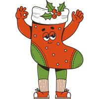 Christmas stocking retro cartoon character. 60 -70s vibes retro groovy character. Vector illustration. Merry Christmas and Happy New Year.