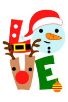 Love Christmas - Christmas greeting typography, with Santa hat, deer, and snowman. Decoration for greeting cards. png