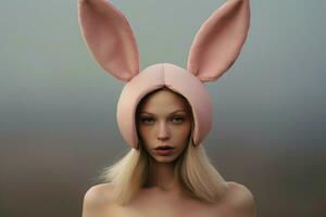 Girl with border bunny ears studio photo. Generate Ai photo