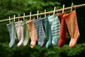 Clothesline colorful sock outdoor. Generate Ai photo