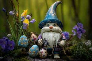 Cute Easter gnome with eggs in spring blooming flowers. Generate ai photo