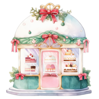 Christmas cake storefront in a winter with decorated bows and wreaths ,ai generative png