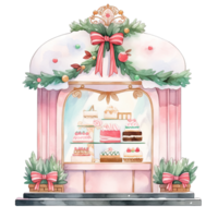 Christmas cake storefront in a winter with decorated bows and wreaths ,ai generative png