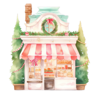 Christmas cake storefront in a winter with decorated bows and wreaths ,ai generative png