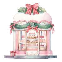 Christmas cake storefront in a winter with decorated bows and wreaths ,ai generative png