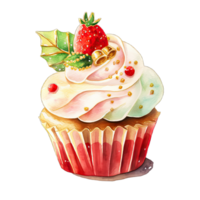 Watercolor Christmas cupcake decoration with bow and red green cream for festive holiday , Ai generative png