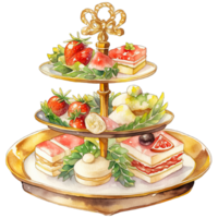 Watercolor Christmas cake serving stand with festive holiday red green decorations , Ai generative png
