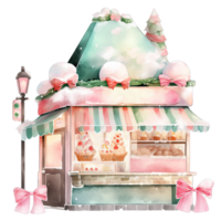 Christmas ice cream storefront in a winter with decorated bows and wreaths ,ai generative png