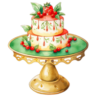 vattenfärg jul kaka tjänande stå med festlig Semester röd grön dekorationer , ai generativ png