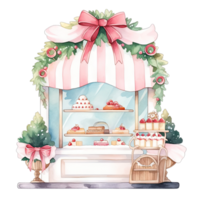 Christmas cake storefront in a winter with decorated bows and wreaths ,ai generative png