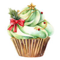 Watercolor Christmas cupcake decoration with bow and red green cream for festive holiday , Ai generative png