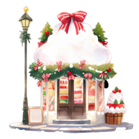 Christmas cake storefront in a winter with decorated bows and wreaths ,ai generative png