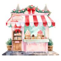 Christmas ice cream storefront in a winter with decorated bows and wreaths ,ai generative png