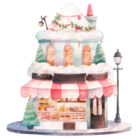 Weihnachten Kuchen Schaufenster im ein Winter mit dekoriert Bögen und Kränze , ai generativ png