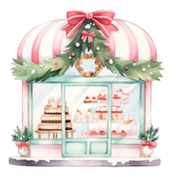 Christmas cake storefront in a winter with decorated bows and wreaths ,ai generative png