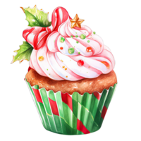 Watercolor Christmas cupcake decoration with bow and red green cream for festive holiday , Ai generative png