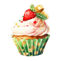 Watercolor Christmas cupcake decoration with bow and red green cream for festive holiday , Ai generative png