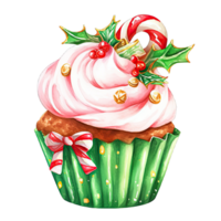 Watercolor Christmas cupcake decoration with bow and red green cream for festive holiday , Ai generative png