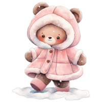 Watercolor baby Bear wears pink winter outfit in festive holiday ,Ai generative png