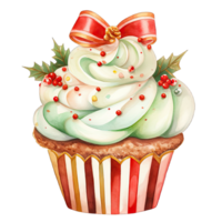 Watercolor Christmas cupcake decoration with bow and red green cream for festive holiday , Ai generative png