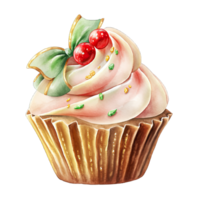 Watercolor Christmas cupcake decoration with bow and red green cream for festive holiday , Ai generative png