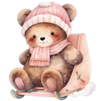 Watercolor baby Bear wears pink winter outfit in festive holiday ,Ai generative png