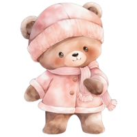 Watercolor baby Bear wears pink winter outfit in festive holiday ,Ai generative png