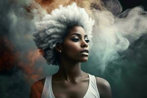 Afro girl grey hair with smoke background. Generate Ai photo