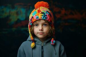 Little kid with knitted colorful beanie. Generate ai photo