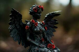 Dark angel figurine at outdoor park. Generate Ai photo