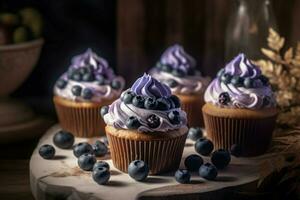 Closeup photo of blueberry cupcakes with fruits. Generate ai