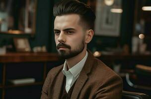 hermoso hombre barbería modelo con Bigote. generar ai foto