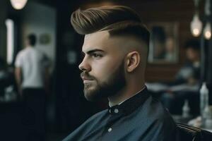 hermoso hombre barbería modelo retrato. generar ai foto