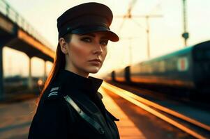 sexy mujer policía uniforme puesta de sol foto. generar ai foto