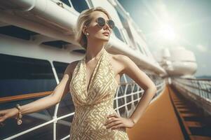 Beautiful blonde woman on cruise boat. Generate ai photo